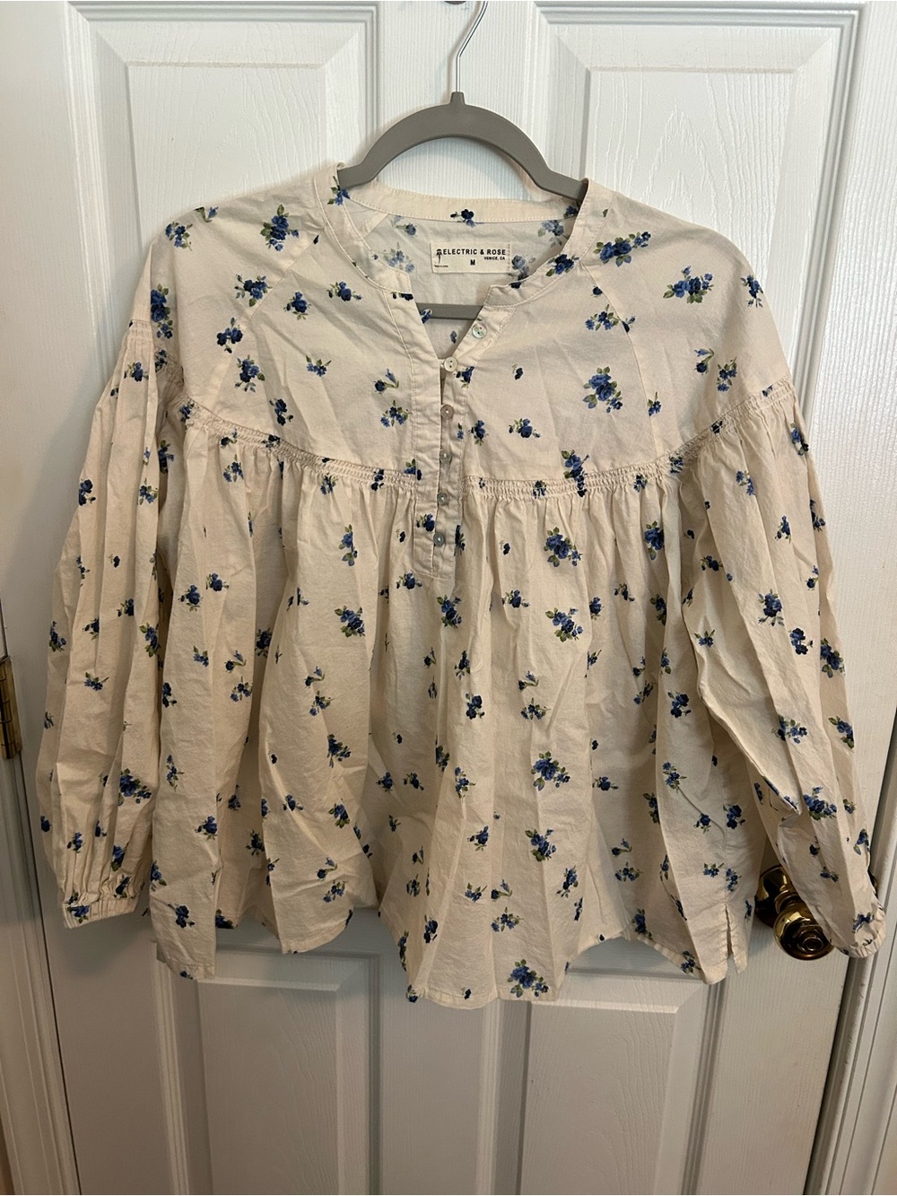 Cream Peasant Blouse with Blue Florals